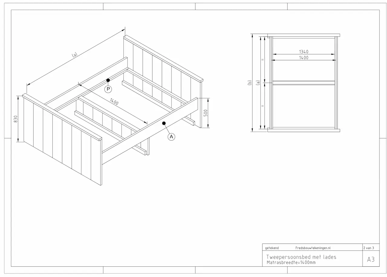 bouwtekening tweepersoonsbed met lades